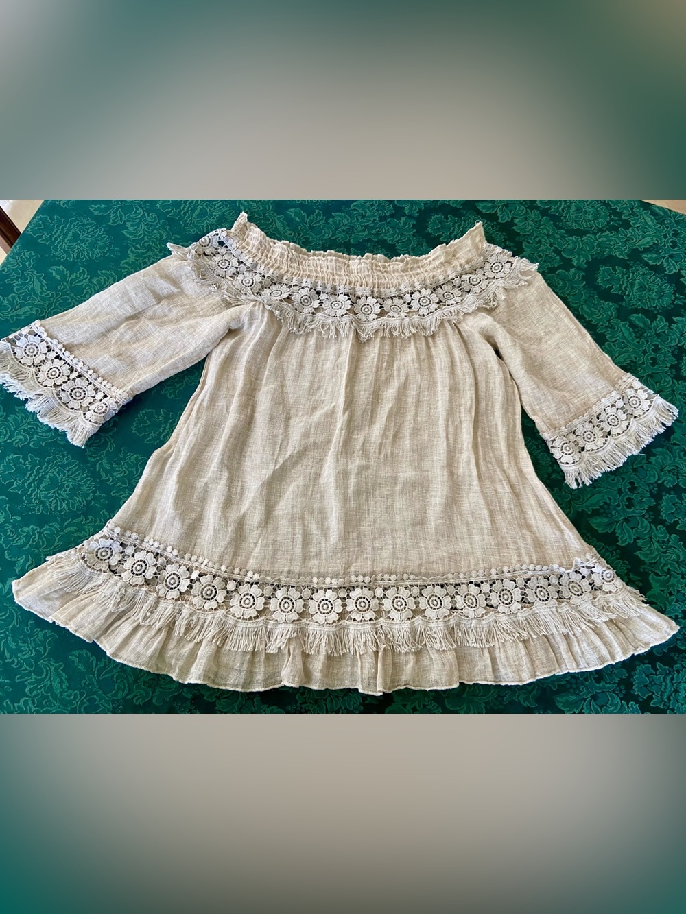 Scandal Italy 100% Linen Blouse Boho Off-Shoulder Crochet LaceTrim Top Cream M-L